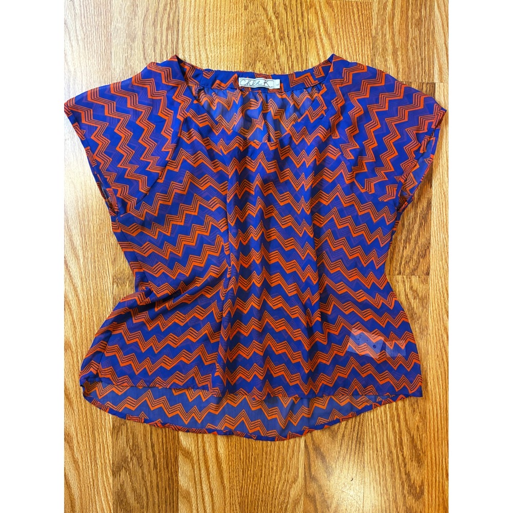 Chloe K Sleeveless Chiffon Blouse Retro Chevron Print Large Blue Orange